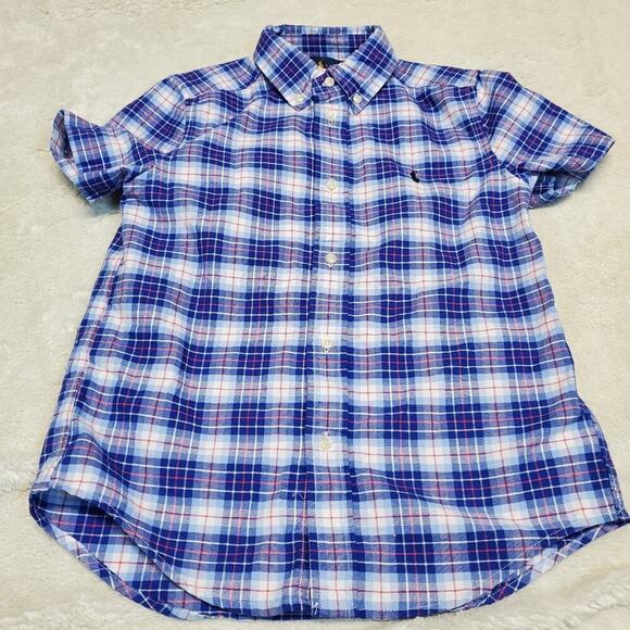 Ralph Lauren Blue Label Navy White Plaid Short Sleeve School Classic‎ Kids Boy 7 - Picture 1 of 4
